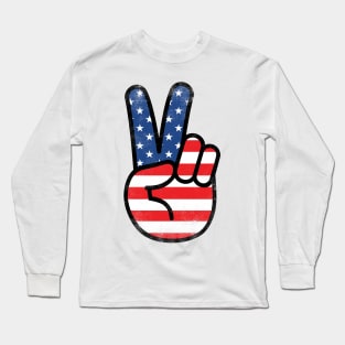 American Flag Peace Sign Hand Shirt 4th Of July Gift Long Sleeve T-Shirt